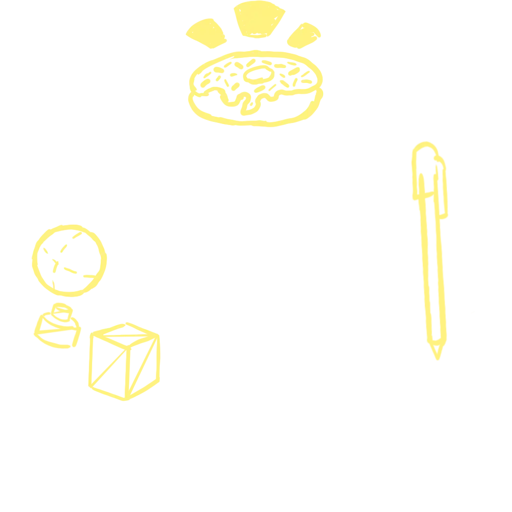 Yellow doodles of 3D shapes, a doughnut and a pen.