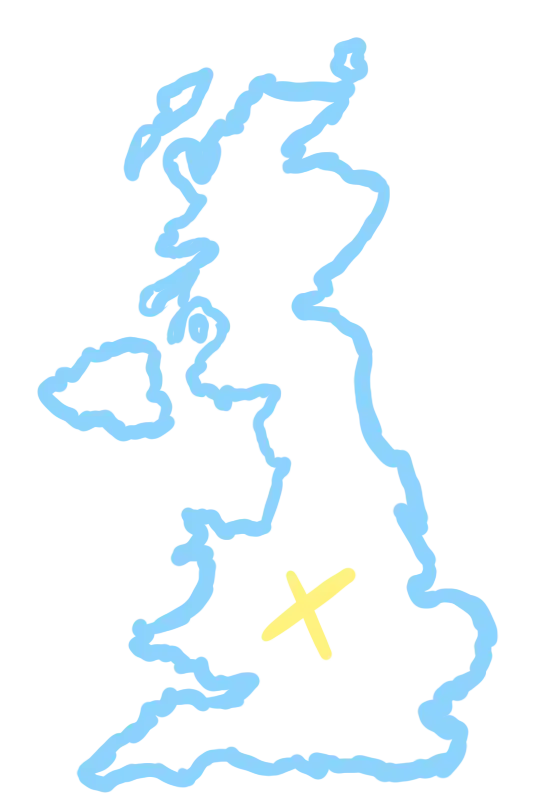 Hand-drawn outline of the UK map with a big X where Birmingham would be situated