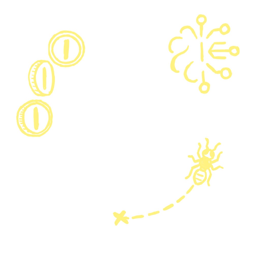 Yellow doodles of 3 coins, an ant and a AI logo.