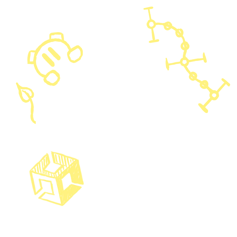 Yellow doodles of a cute monster, a spline and the Unity logo.